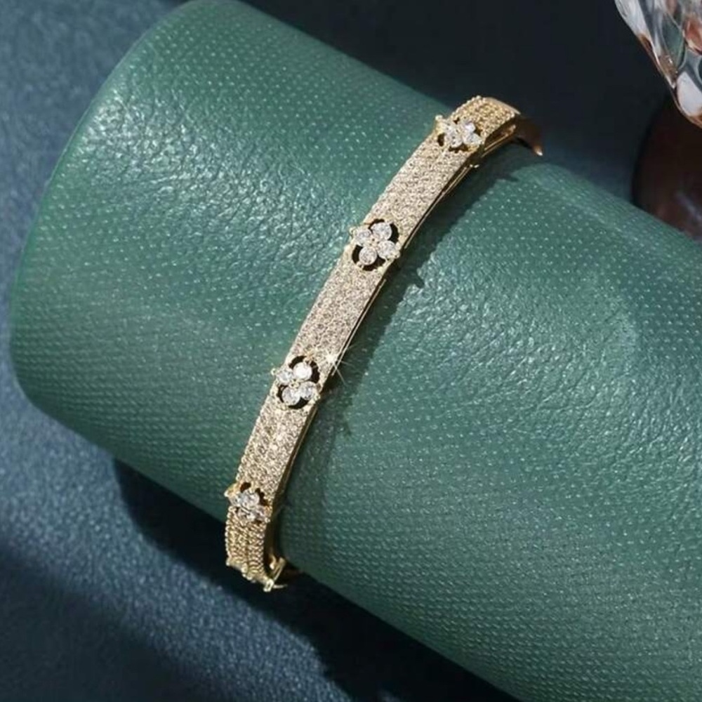 Gold Plated Stainless Steel Cubic Zirconia Clover Bangle Bracelet - Picture 2 of 3